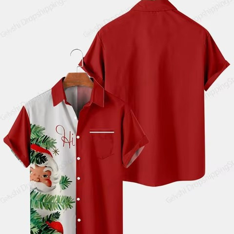 Christmas Style Printed Funny Hawaiian Shirt Men Fashion Short Sleeve Beach Shirt Cross Border Hot Sale Christmas Style Printed Funny Hawaiian Shirt Men Fashion Short Sleeve Beach Shirt Cross Border Hot Sale