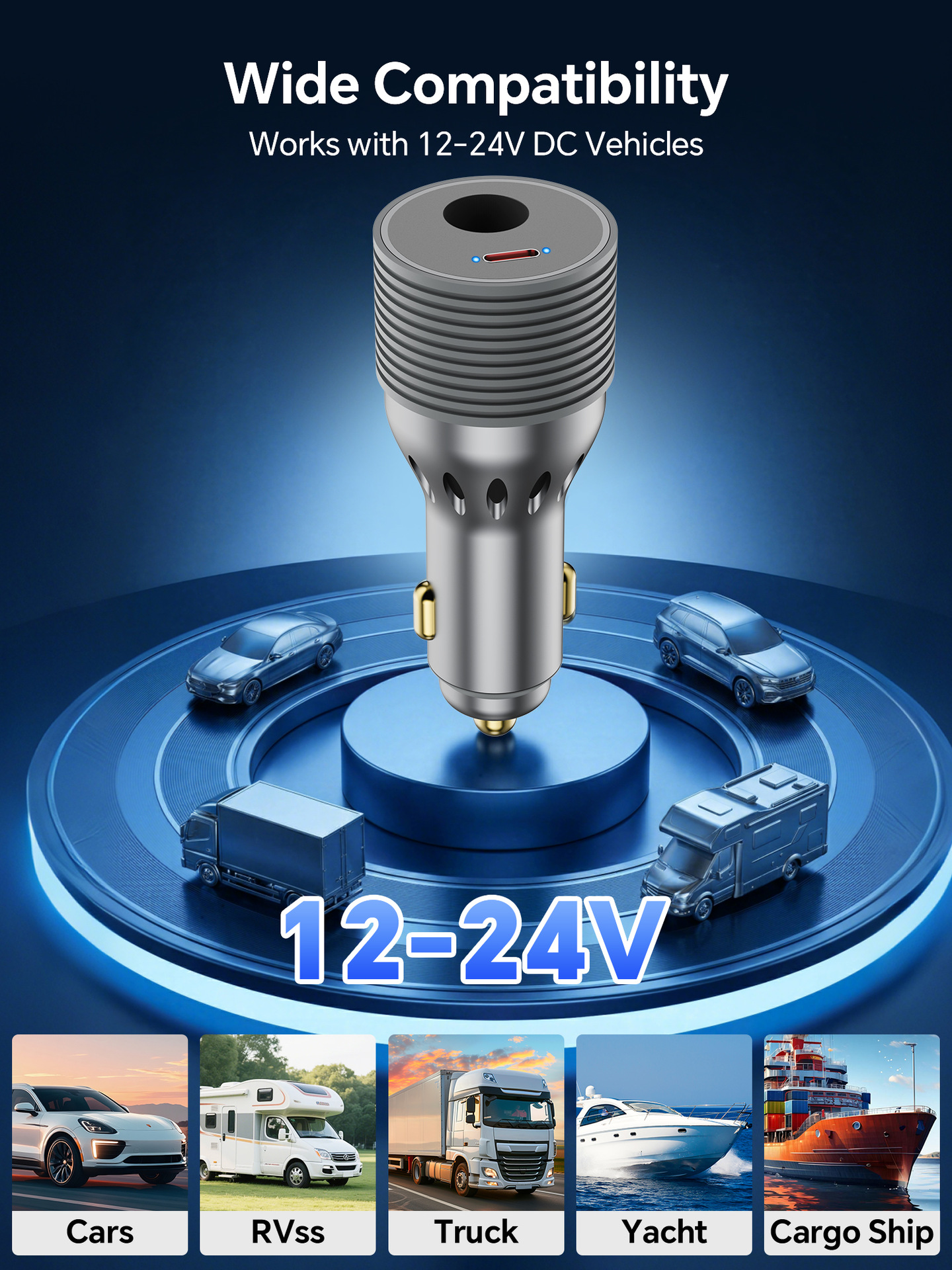 New 12V/24V Car Charger with 30V3A Boost Function, Portable for Camping and RVs, Car Cigarette Lighter Charger with DC Port