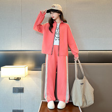 A25春季新款儿童拉链立领卫衣套装中小女童糖果色休闲运动两件套