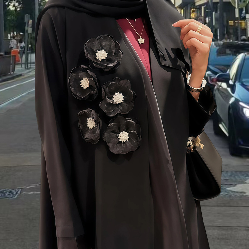 2025 New Style Pearl Flower Three-Dimensional Embroidery Long Cardigan with Contrasting Trim Loose-Fitting Robe