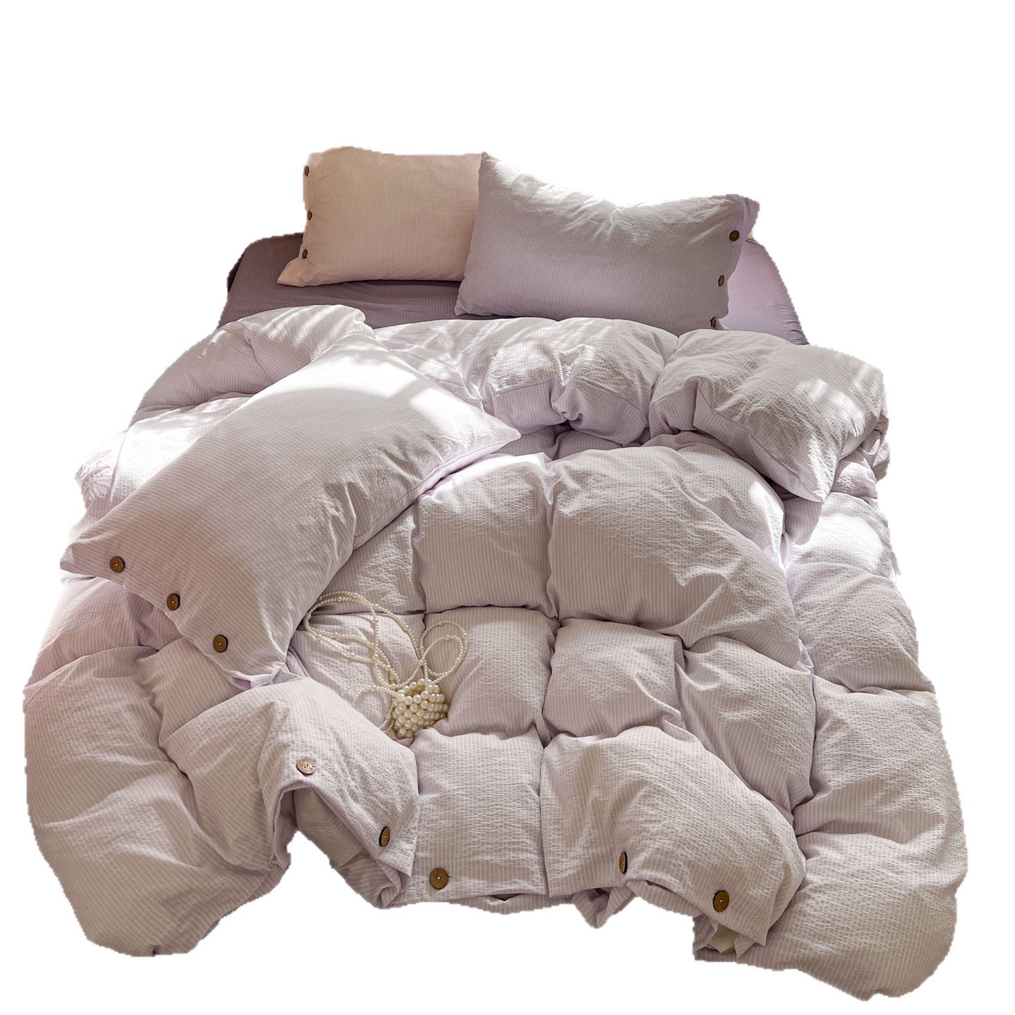 2026 primavera y verano nuevo no impresa Feng Shui lavado jacquard botón cuatro piezas dormitorio de estudiantes 1,2 metros cama tres piezas