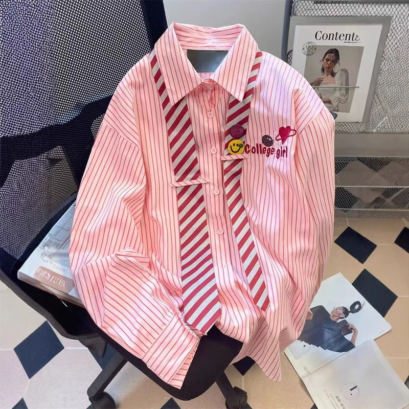 Pink Striped Polo Collar Long Sleeve Shirt Women's Letter Embroidered Tie Shirt Loose Mid-length Spring and Autumn Top Pink Striped Polo Collar Long Sleeve Shirt Women's Letter Embroidered Tie Shirt Loose Mid-length Spring and Autumn Top