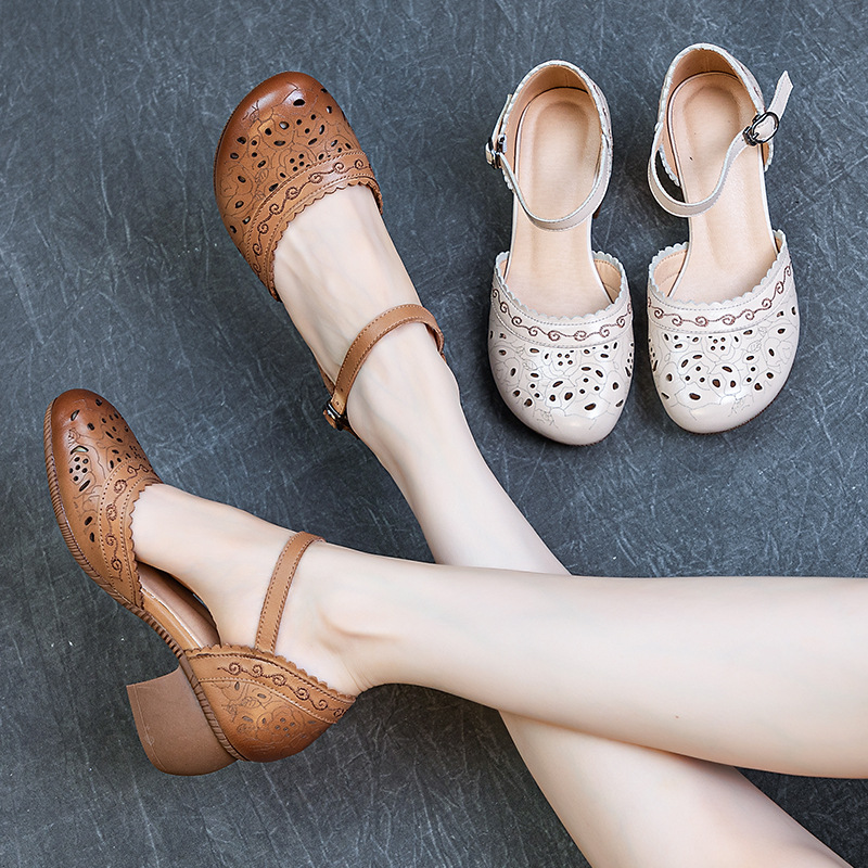 Genuine Leather Sandals Women's 2024 Summer New Style Thick Heel Soft Bottom Top Layer Cowhide Chinese Style Hollow Embroidered Hollow Sandals