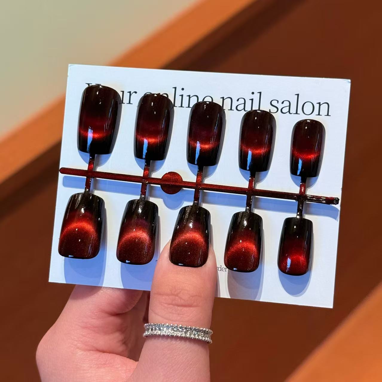 24 Pieces of Autumn and Winter Black and Red Chinese Square Smiling Cat Eye Wearable Nails Shiny Manicure Classy Whitening Simple Finished Products Wholesale
