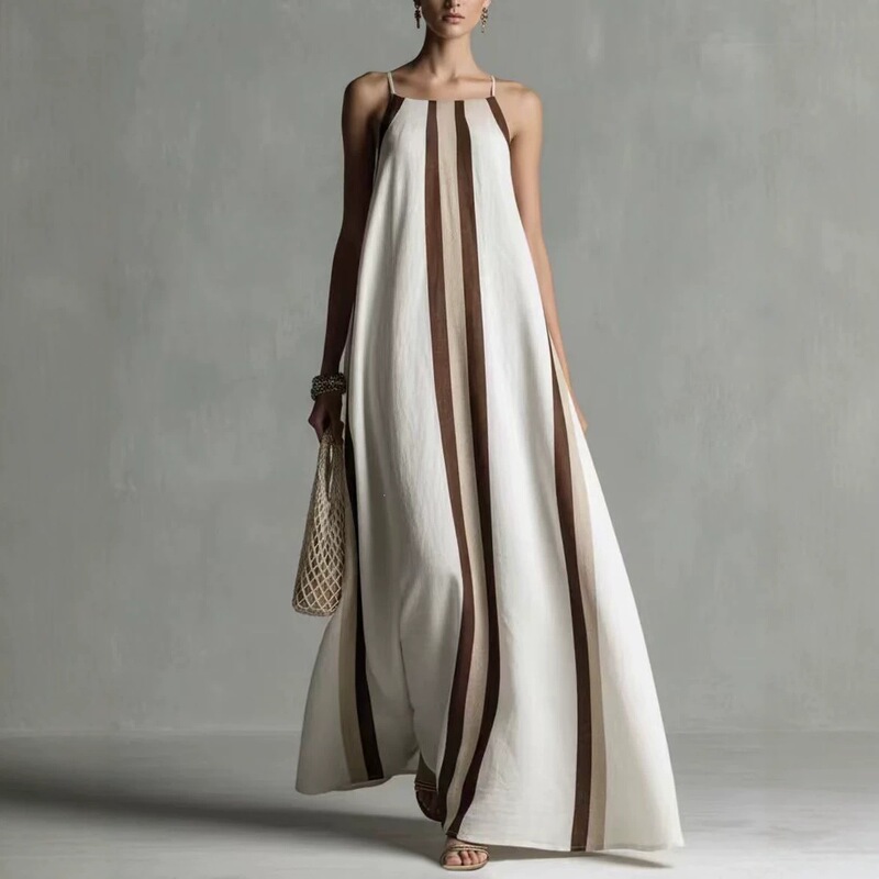 2026 Cross-Border Striped Spaghetti Strap Dress for Women, Summer Loose Beach Long Dress, Vacation Style, European and American Elegance