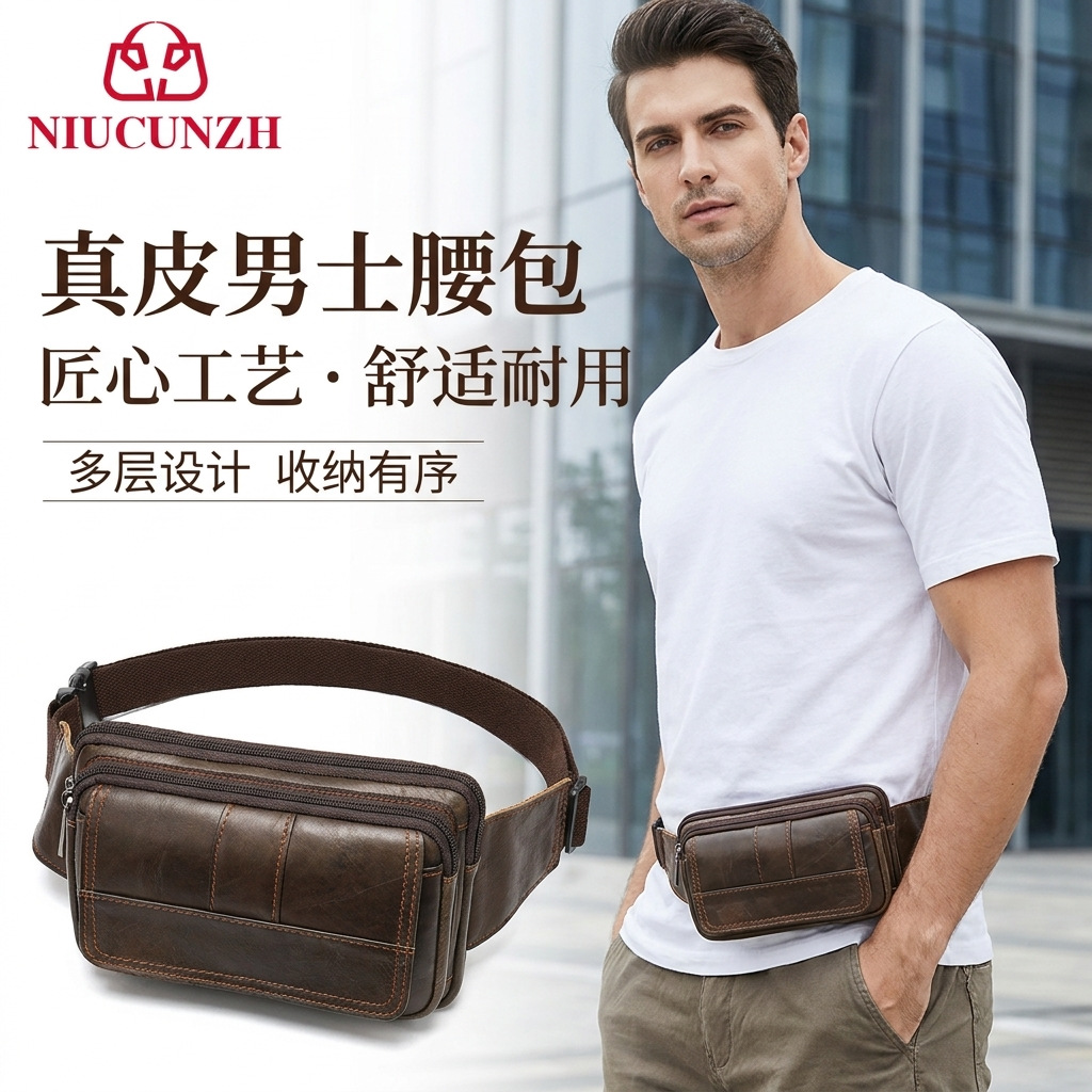 NIUCUNZH Genuine Leather Men's Waist Bag Top Layer Cowhide Outdoor One-Shoulder Crossbody Chest Bag Men's Retro Genuine Leather Men's Small Bag