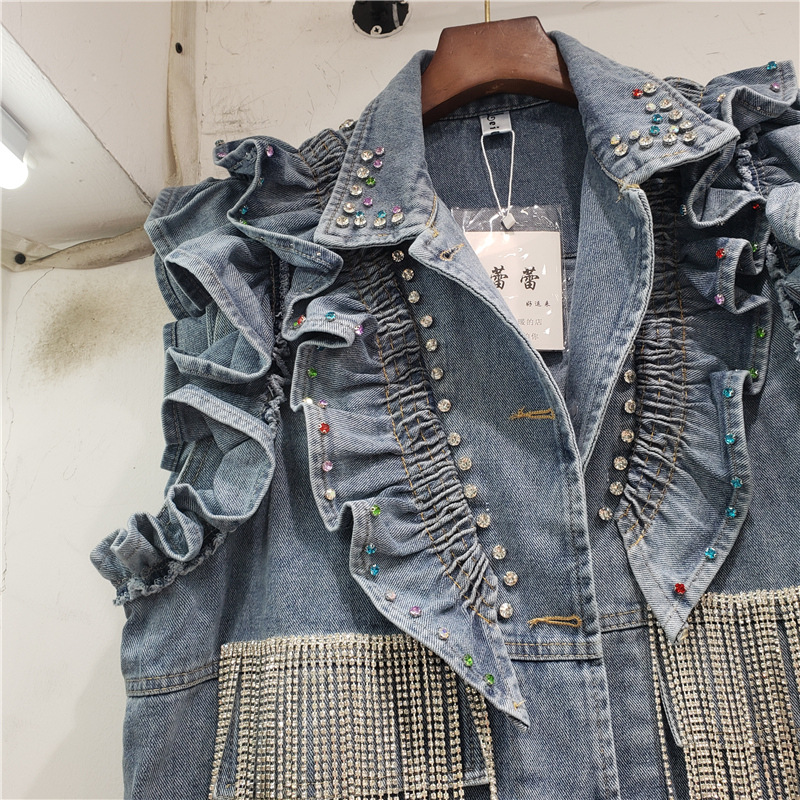 Estación Europea primavera y otoño mujer 2023 nuevo estilo coreano moda suelta Denim Chaleco con borla de diamantes que adelgaza el chaleco del todo fósforo