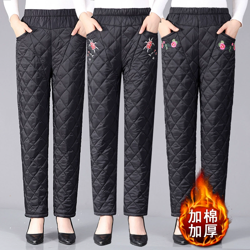 Женщины среднего и пожилого возраста пуховые хлопчатобумажные брюки черная мама теплая брюки носят бабушкины осенью и зимой толстые прямые брюки женские