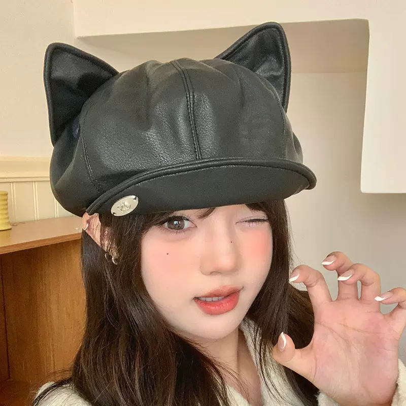 帽子女款pu皮猫耳朵贝雷帽甜美可爱软檐画家帽甜酷风显脸小蓓蕾帽