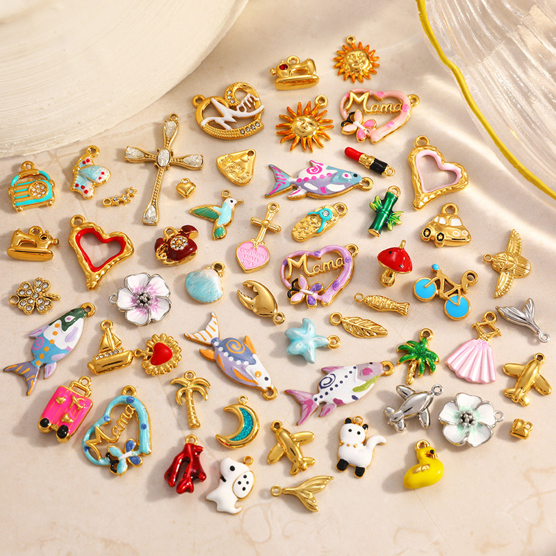 Cross-Border Stainless Steel Jewelry Accessories Mother's Day Colorful Enamel Ocean-Style Shell Cat Animal Gold-Plated Pendant