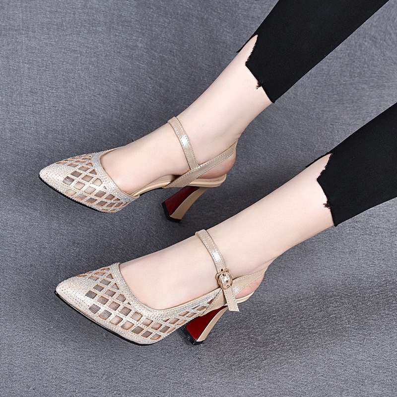 Sandal cao gót nữ mũi nhọn bít mũi lưới khoét lỗ, quai đơn, gót 3 cm — Gót vàng 3cm