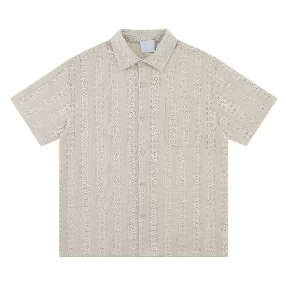 Breathable Layered Beige Bubble Gauze Short-Sleeve Shirt Casual Loose Pleated Design Hong Kong Style Men's Tee