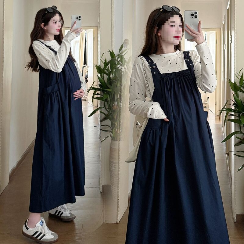 Maternity Dress Suit Autumn New Style Spring Polka Dot Top Blue Suspender Skirt Two-Piece Set