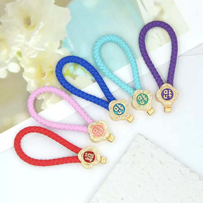 金属招财双面水钻皮绳水晶钥匙扣汽车挂件包包配饰跨境爆款批发