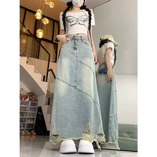 大码复古破洞牛仔半身裙女夏季高腰宽松显瘦中长款包臀a字长裙子