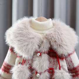 女童大衣加厚格子呢子韩版儿童外套洋气公主风毛毛外套加绒洋气潮