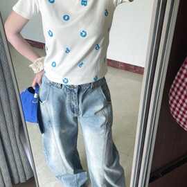 40支酷丝棉 字母印花短袖t恤女夏季新款修身显瘦拼接撞色辣妹上衣