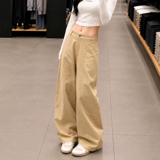 卡其色弯刀工装裤女秋季2026新款小个子垂感宽松显瘦休闲阔腿裤子