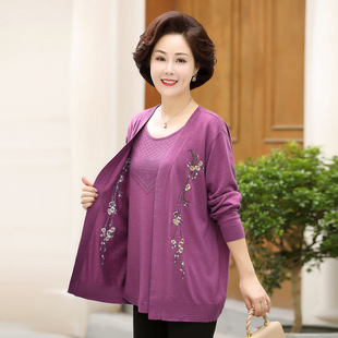 2022 autumn fat mother fake two-piece set for middle-aged and elderly plus size 200kg old lady plus fat knitted sweater sweater