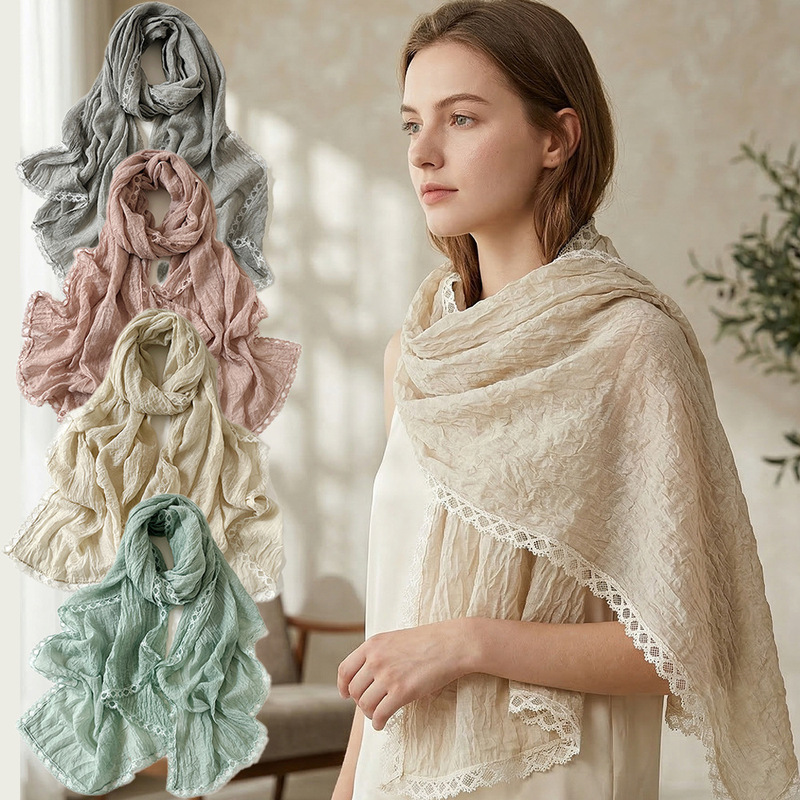 Cross-Border Wholesale Cotton and Linen Pleated Long Scarf, Solid Color Shawl, Headscarf, Neck Scarf, Bohemian Style, Elegant Cross-Border Wholesale Cotton and Linen Pleated Long Scarf, Solid Color Shawl, Headscarf, Neck Scarf, Bohemian Style, Elegant