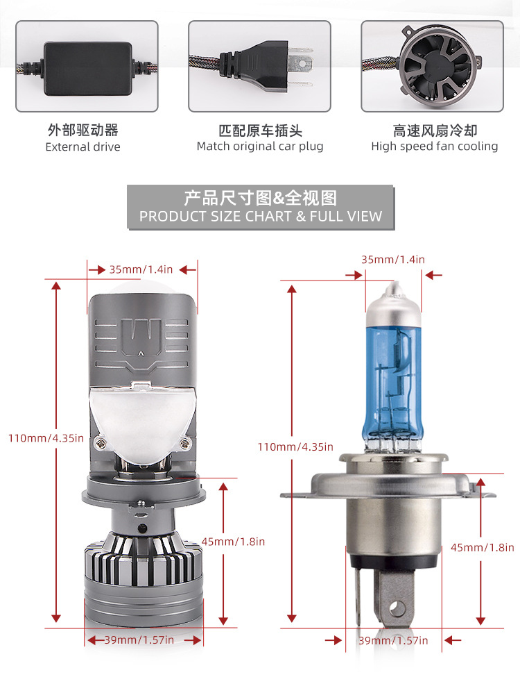 T90 Car Led Headlight with Lens, Integrated High and Low Beam, 120W Ultra-Bright Laser Headlight, Modified H4 Motorcycle Light