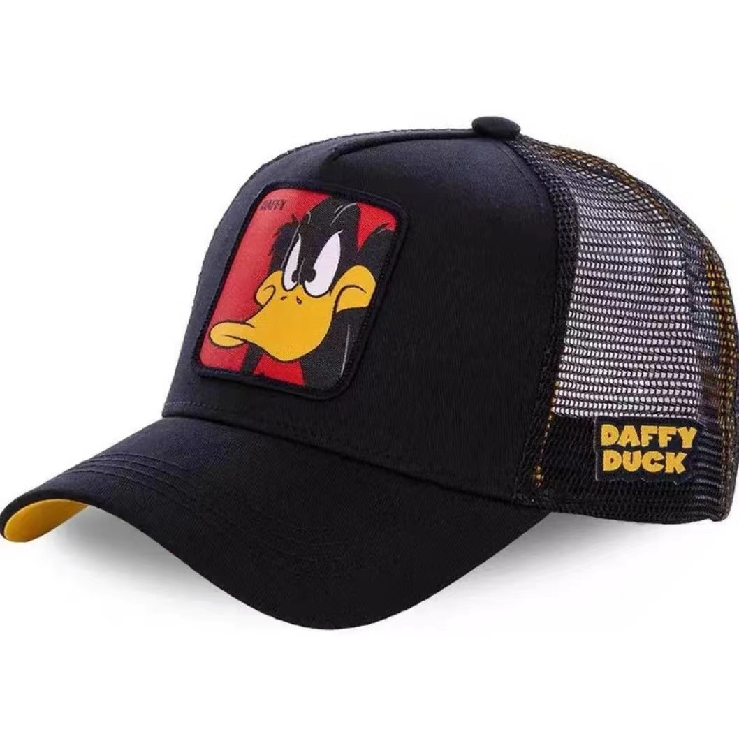 2024 nueva gorra bordada de anime de pato de dibujos animados, gorra de conductor de camión, gorra de béisbol de malla extraña de boca grande