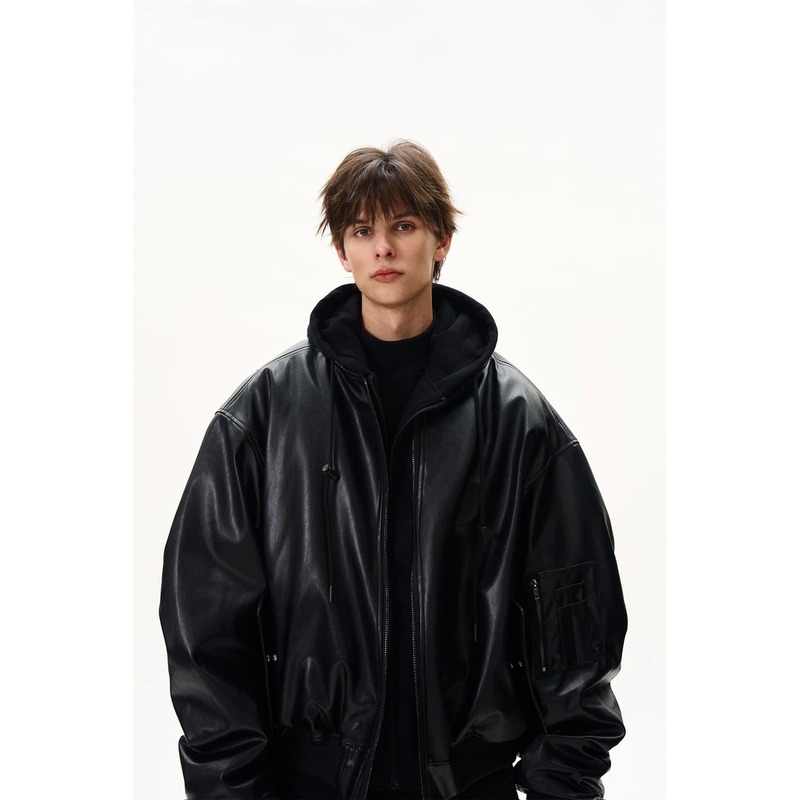 MaxDstr 美式重磅bomber假两件拼接连帽加厚pu皮棉服外套男女棉衣|undefined