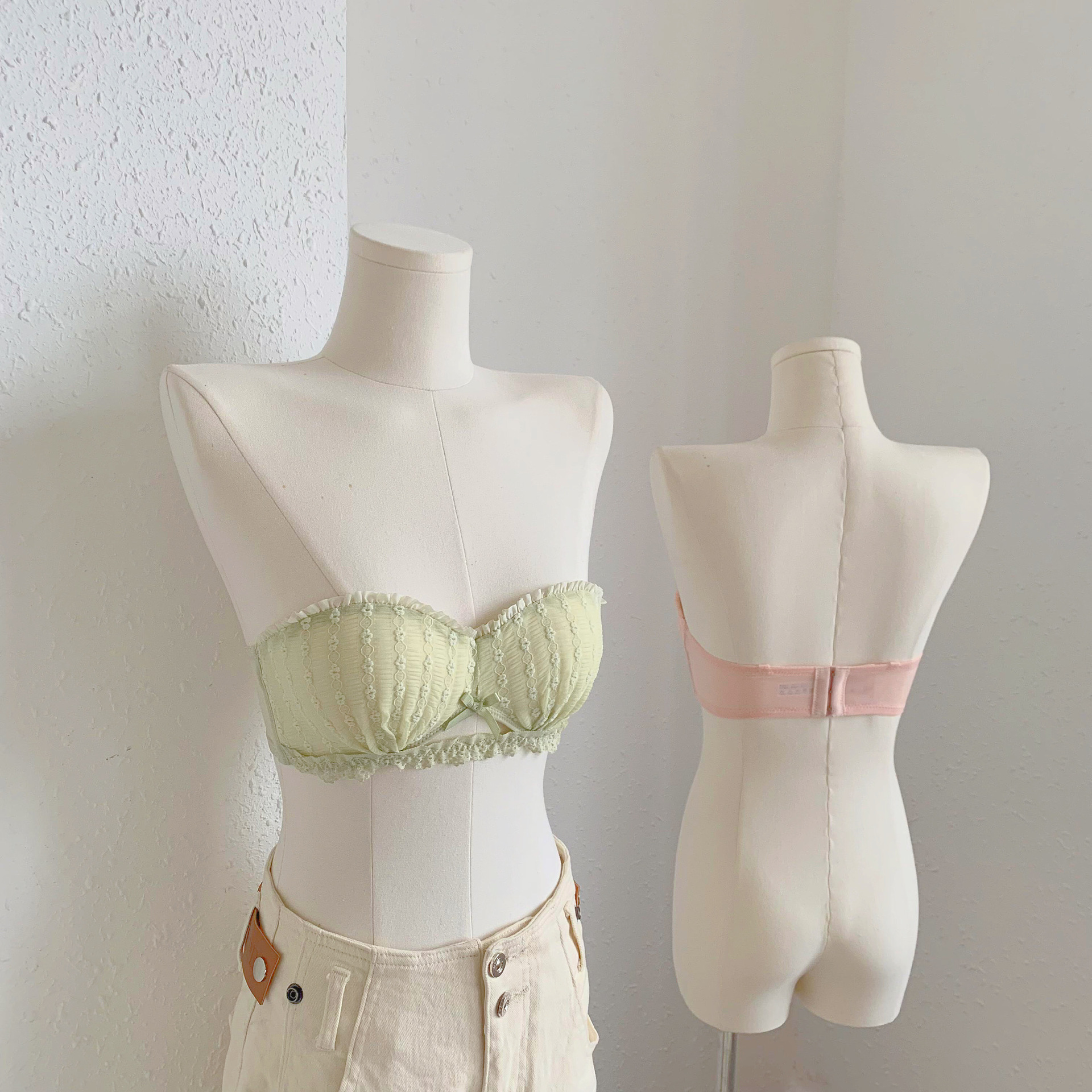 Ropa interior japonesa con top de tubo sin anillo de acero, encaje recogido, modelos delgados de niña, dos tipos de sujetadores franceses, senos pequeños, grandes