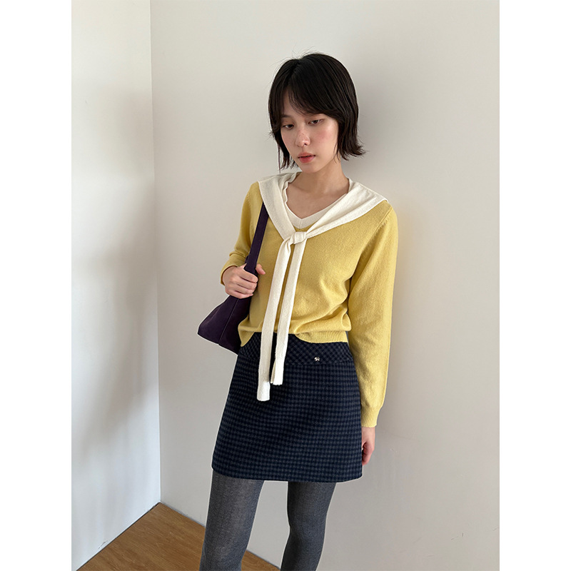 Korean-Style Color-Blocked Shawl Long-Sleeve Sweater Knitwear for Women, Autumn Navy Collar Sweet Top 1113
