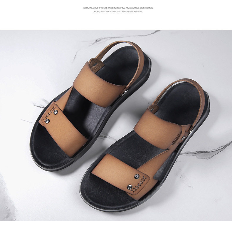 Dép sandal nam hở ngón chất liệu da PU chống trơn thoáng khí đi biển mùa hè — Màu nâu, Đen toàn bộ chi tiết 18