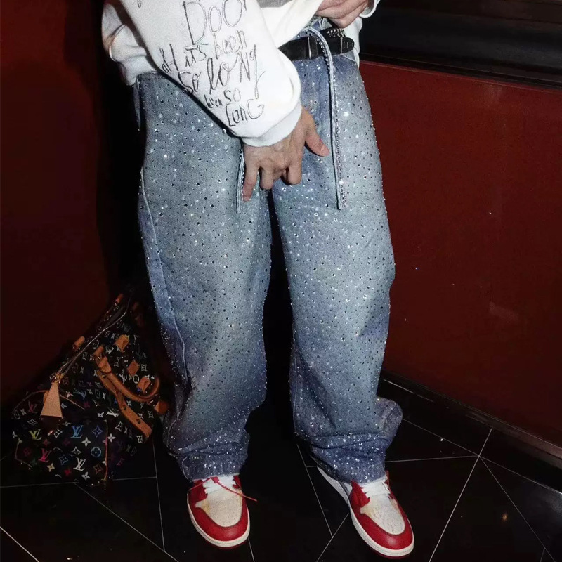 American Style High Street AC Style Full Diamond Rhinestone Loose Straight Jeans Men's Trendy Brand Niche Floating Rope Belt Wide Leg Pants