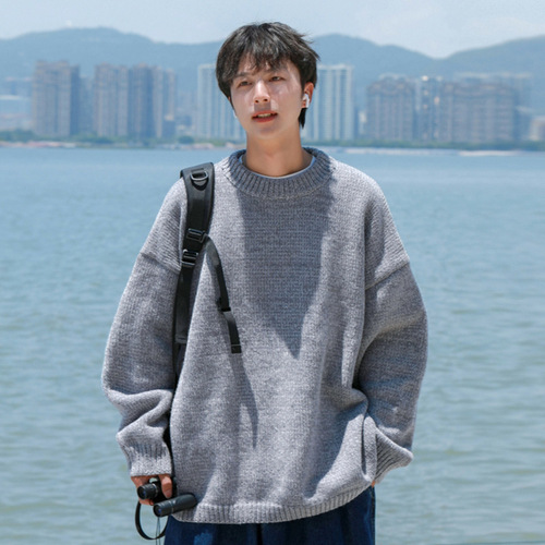 Men's Winter Thick Crew Neck Knit Sweater, Japanese Retro Loose Casual Style Linen Jacket