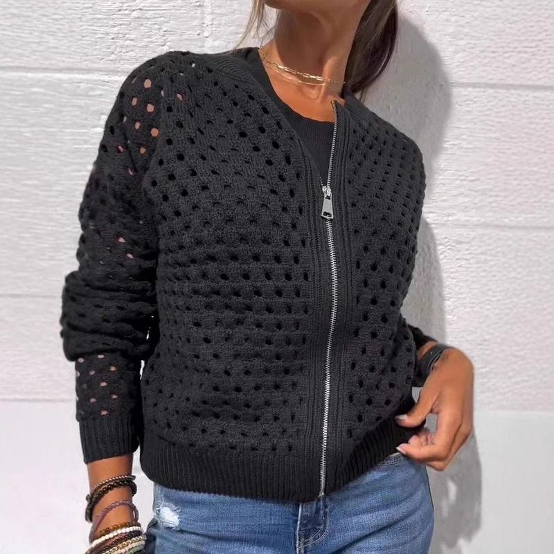 2025 New Amazon Independent Site European and American Cross-Border Women's Casual Hollow-Out Knitted Zipper Jacket Women's Coat