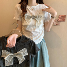 T恤女2025夏季收腰显瘦破洞上衣MM蝴蝶结设计正肩体恤