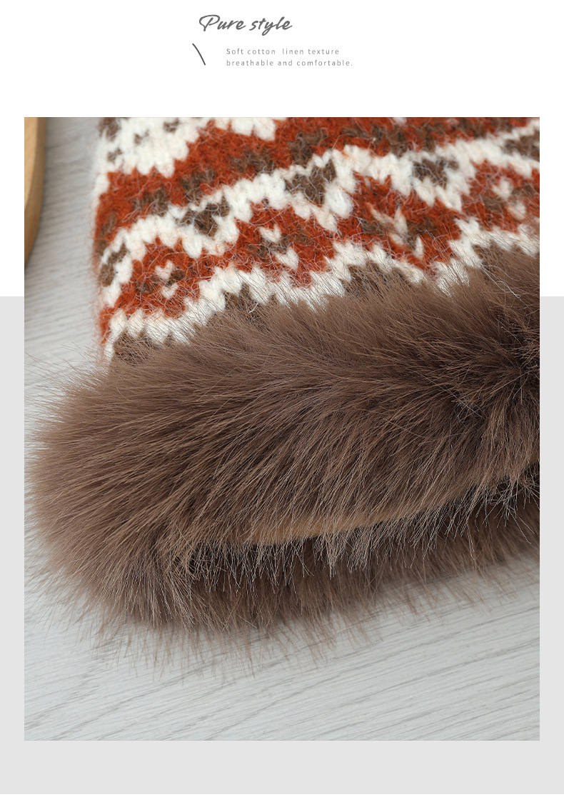 Cappello da pescatore invernale retrò in stile etnico jacquard lavorato a maglia, in pelliccia di coniglio, caldo, spesso e antifreddo_voghion.com