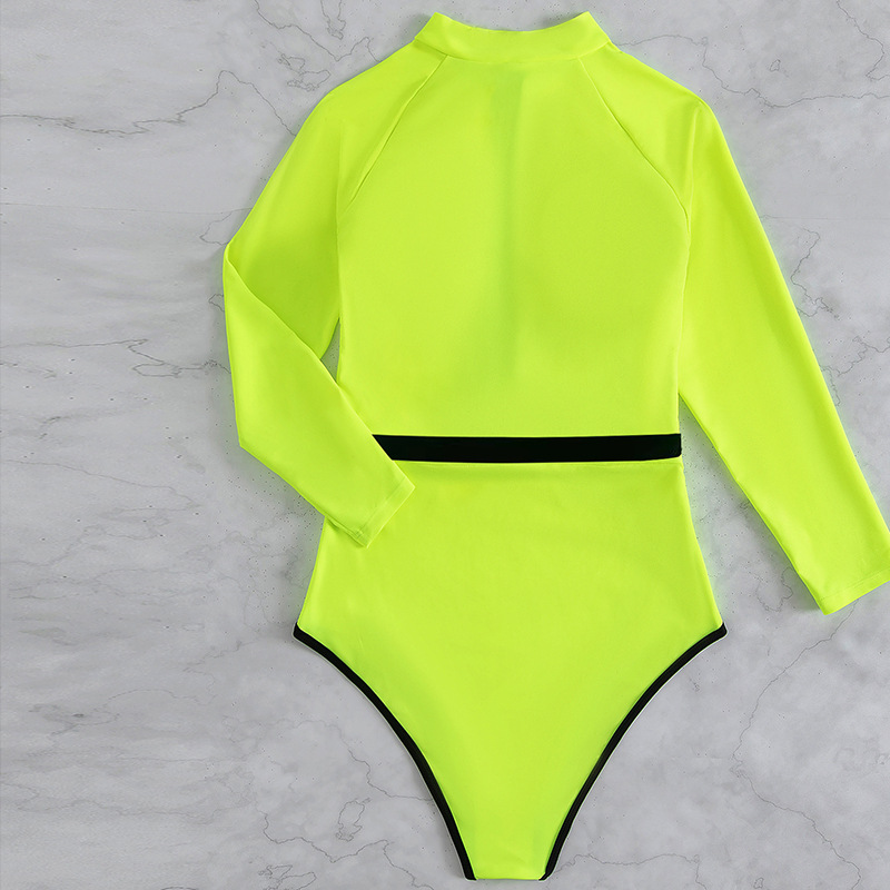 zipper solid color long sleeve slim One Piece Swimsuit NSOLY130879