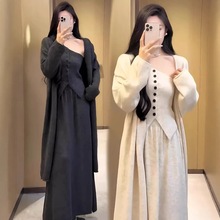 秋冬高级感气质中长款针织开衫外套+斜肩排扣抹胸+半身裙三件套女