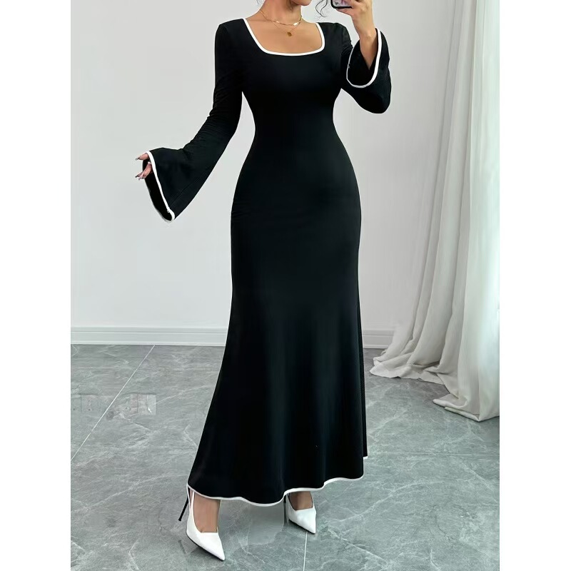 2026 European and American Cross-Border Amazon Independent Site Shein Elegant Long-Sleeve Simple Color-Blocking Dress Hot-Selling Women's Clothing