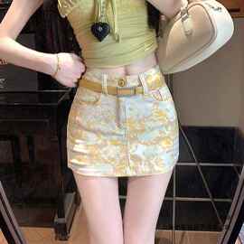 黄色碎花扎染牛仔半身裙女夏季高腰显瘦a字短裙百搭一步包臀裙子