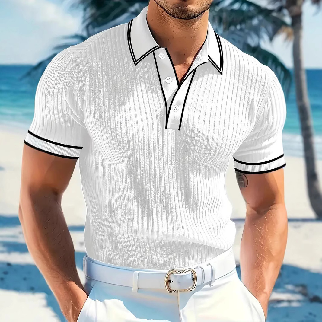 26 New Short-Sleeve Foreign Trade Summer Men's Cross-Border Color-Block Striped Turn-Down Collar Polo Shirt_voghion.com