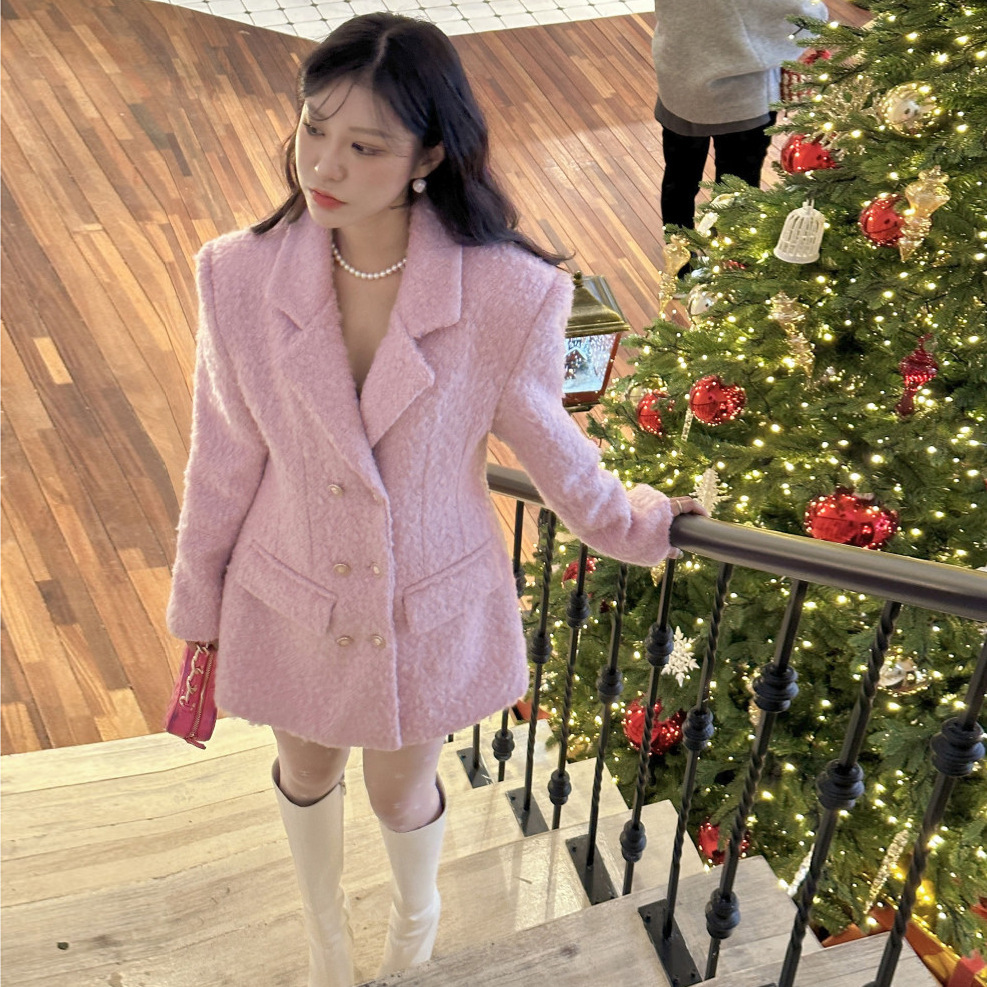 小香风西装领收腰显瘦秋冬连衣裙毛呢外套仿羊绒毛呢子大衣粉色