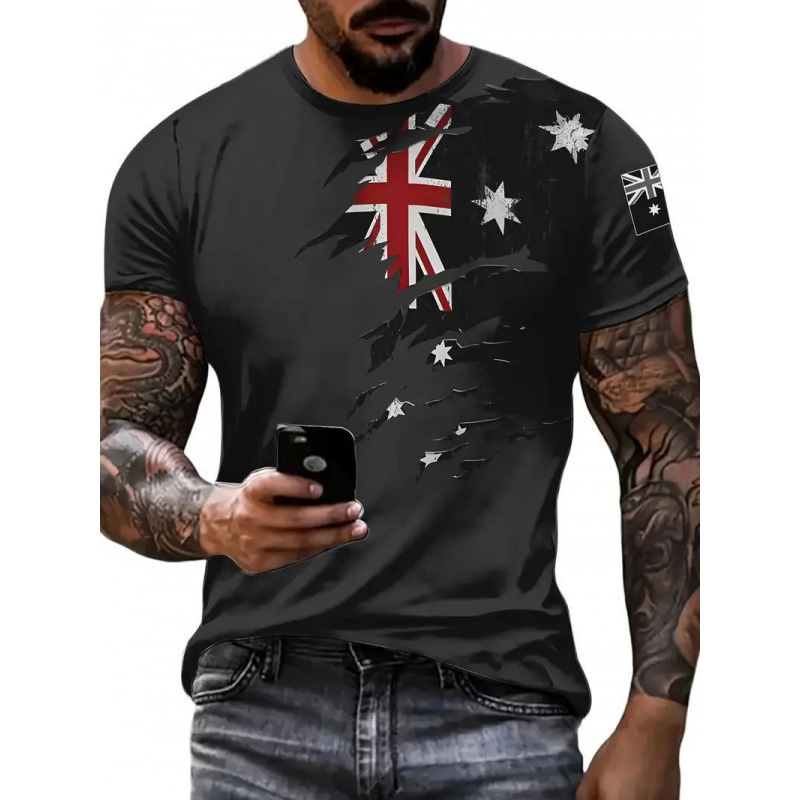 Amazonクロスボーダーヨーロッパとアメリカの人気国旗プリントサマーTシャツレトロ3Dデジタルプリントラウンドネック半袖紳士服|undefined