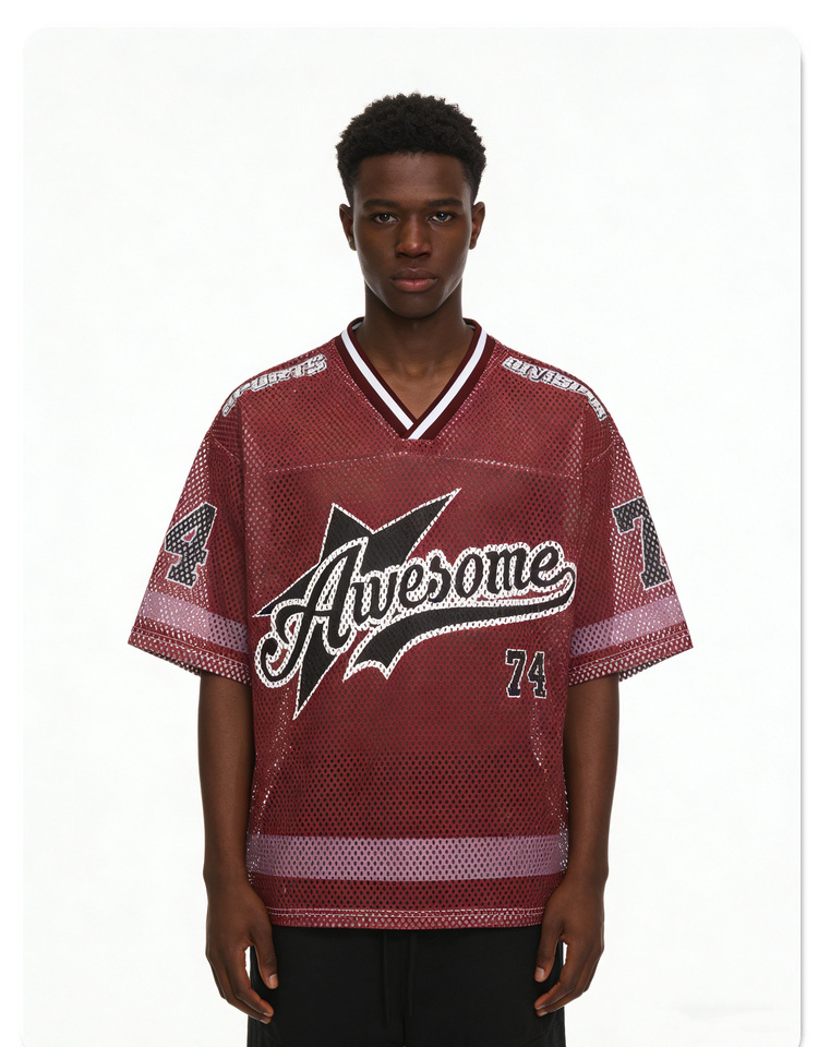 Herr retro v-ringad basket t-shirt i mesh material_voghion.com