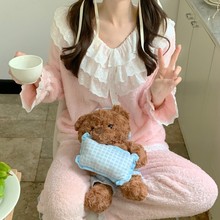 韩国ins甜美花边公主风V领保暖冬季珊瑚绒外穿冬季家居