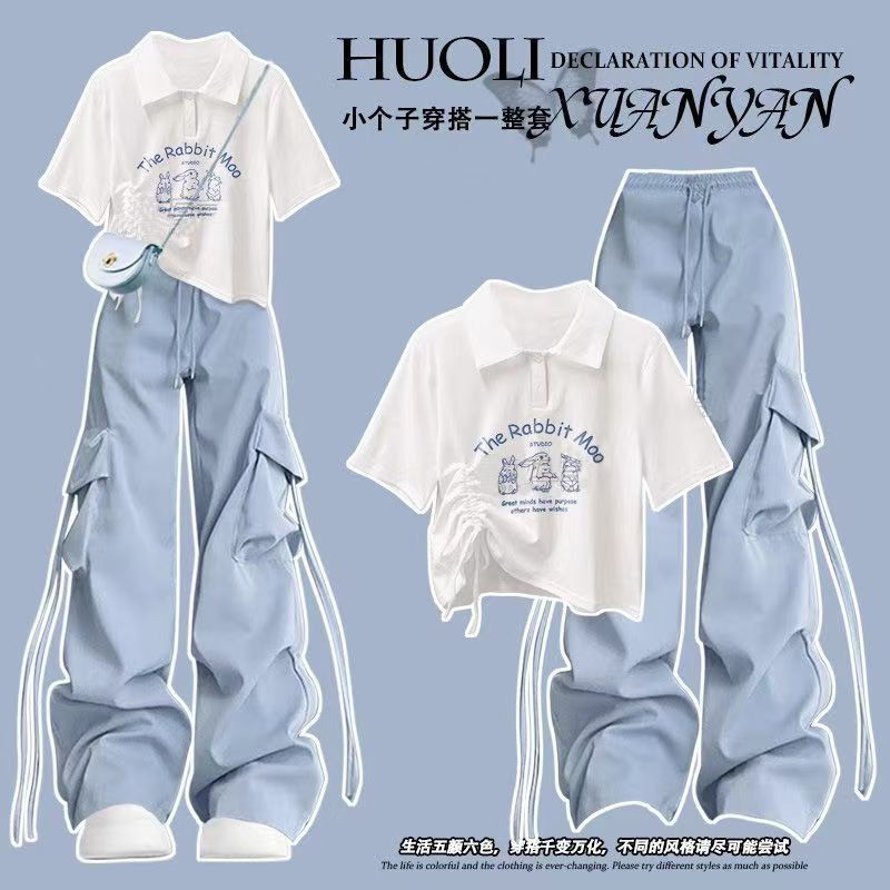 Fresh and Youthful College Style Age-Reducing Polo Shirt for Women, Summer Beautiful Ootd Outfit Dopamine Casual Set with Cargo Pants