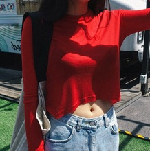 当天发 韩国正品 靠近春天 ins人气大红色超吸睛短款T恤AR359囡du