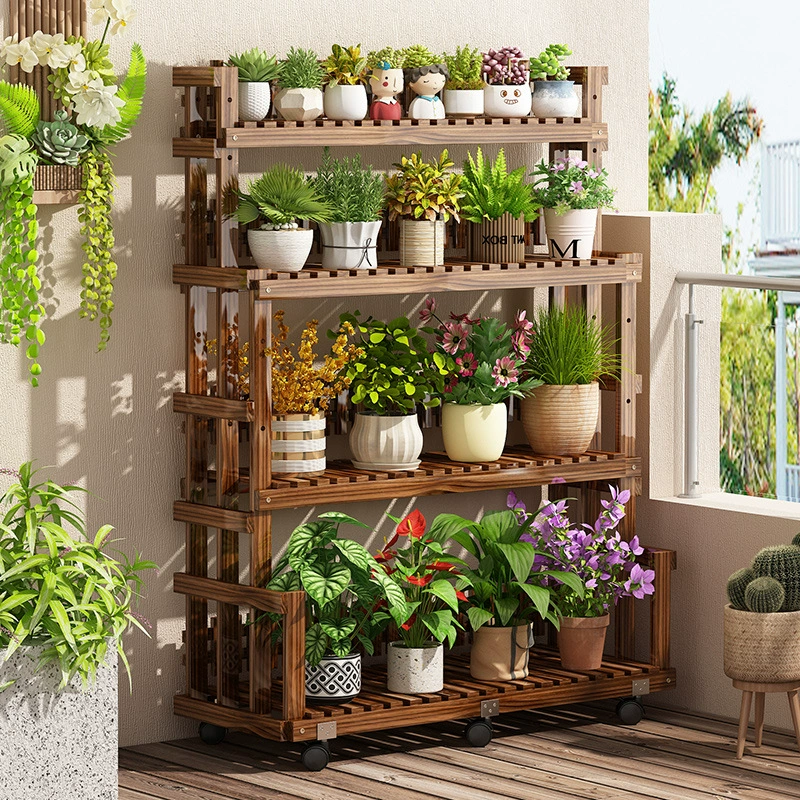 Твердая деревянная стойка для цветов Стеллаж для хранения Балкон Гостиная Напольная многослойная ступенчатая настенная стойка для растений с зеленой розой