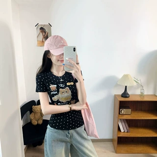 8536#夏季新款甜美波点卡通印花拼接短袖T恤女修身固定带胸垫上衣