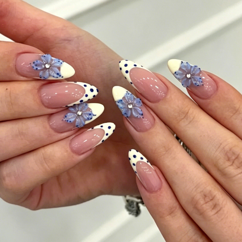 Cross-Border Pure Desire Nude Pink Polka Dot French Style Press-On Nails with 3D Blue Flowers and Rhinestones, Medium-Length Handmade Nail Art, 24 Pieces