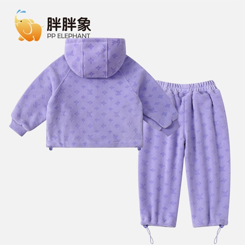 Boys, girls, small and medium-sized children, hooded thickened warm double-sided Austrian velvet embossed suit top + pants